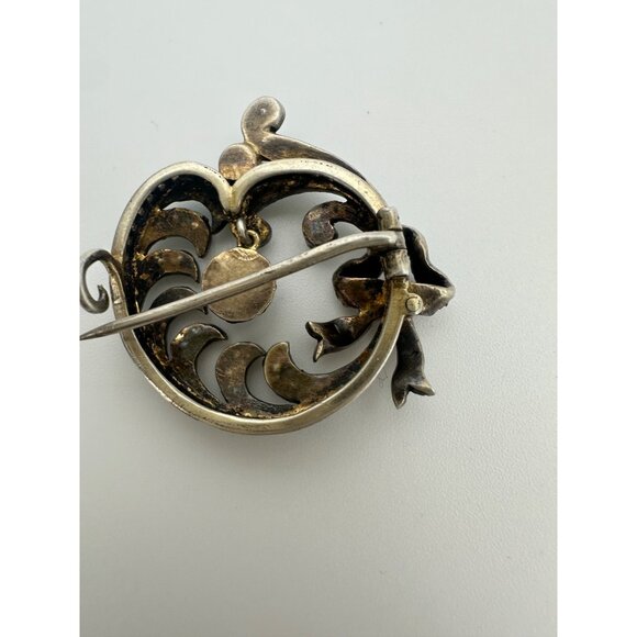 Antique Victorian 9kt gold genuine turquoise cabochons seed pearls bow brooch - Picture 9 of 12